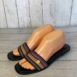 Eric Javits New York Woven Ribbon Kitten Heel Leather Slide Sandals